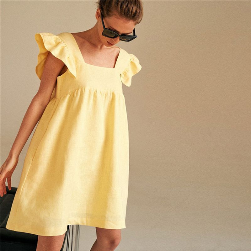Backless High Waist Loose Linen Solid Dress 2022 Summer