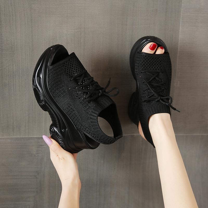 Dámské letní tenisky Vyduté sandály Šněrovací látkové sandály Venkovní dámská obuv Klínový podpatek Rybí tlama Dámská obuv Zapatos