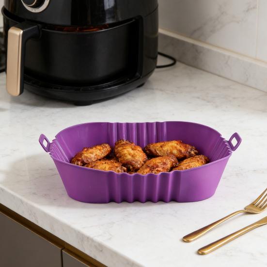 Rectangle Silicone Fryer Liner with Dual Handles Dishwasher Safe Non Stick Food Grade Heat Resistant Reusable Oven Baking Tray Basket Bowl