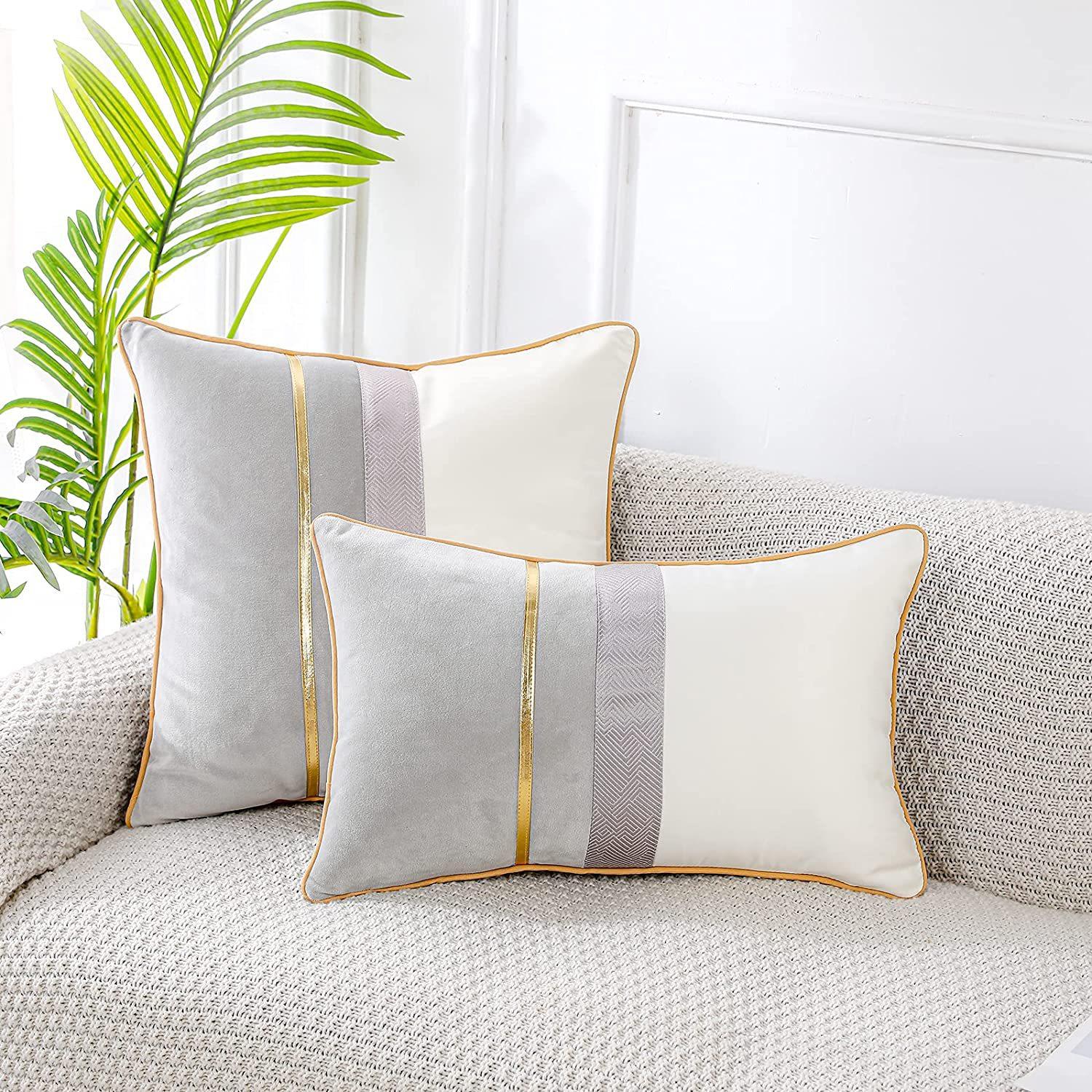 Gestikte Effen Gouden Leer Gestreept Kussenhoes Patchwork Fluweel Luxe Moderne Decoratieve Plaid Kussenhoezen Voor Bank Bed Decor 45x45cm