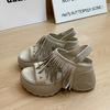 Fashion Bohemia Metal Rivet Decoration Fringe Suede Sandals Women 2025 Summer Chunky Platform Wedge Heel Sandals Casual Back Strap Shoes