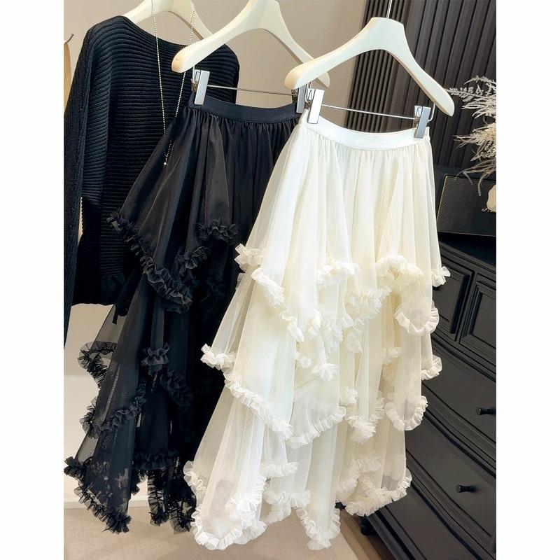 Layering irregular fungus edge splicing mesh skirt women's early spring thin fluffy A-character super fairy cake skirt