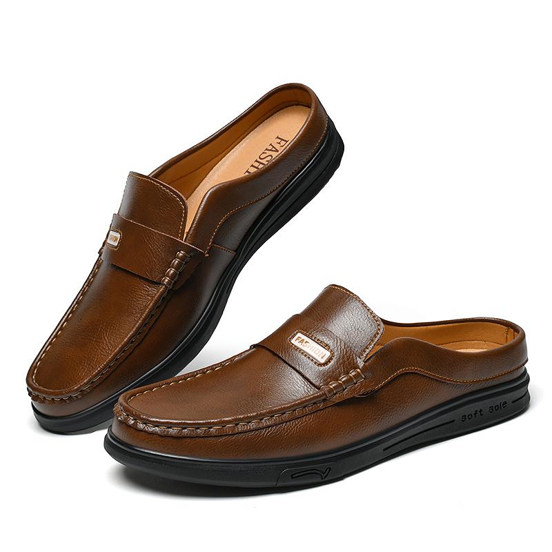 Fashion Genuine Leather Mens Muller Shoes Lightweight Male Half Drag Breath Casual Shoes Soft Sole Slip-on Slippers Business Moccasins
