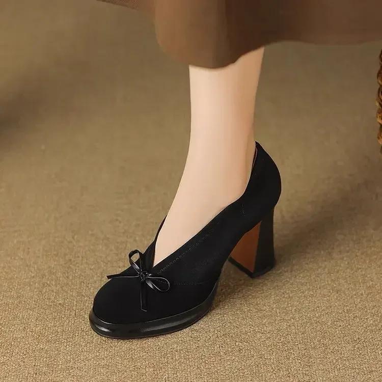 New Roundness High Heels With Suede And Bow Single Shoes With A Slip-On Light Casual Women Shoes Stylish And Comfortable