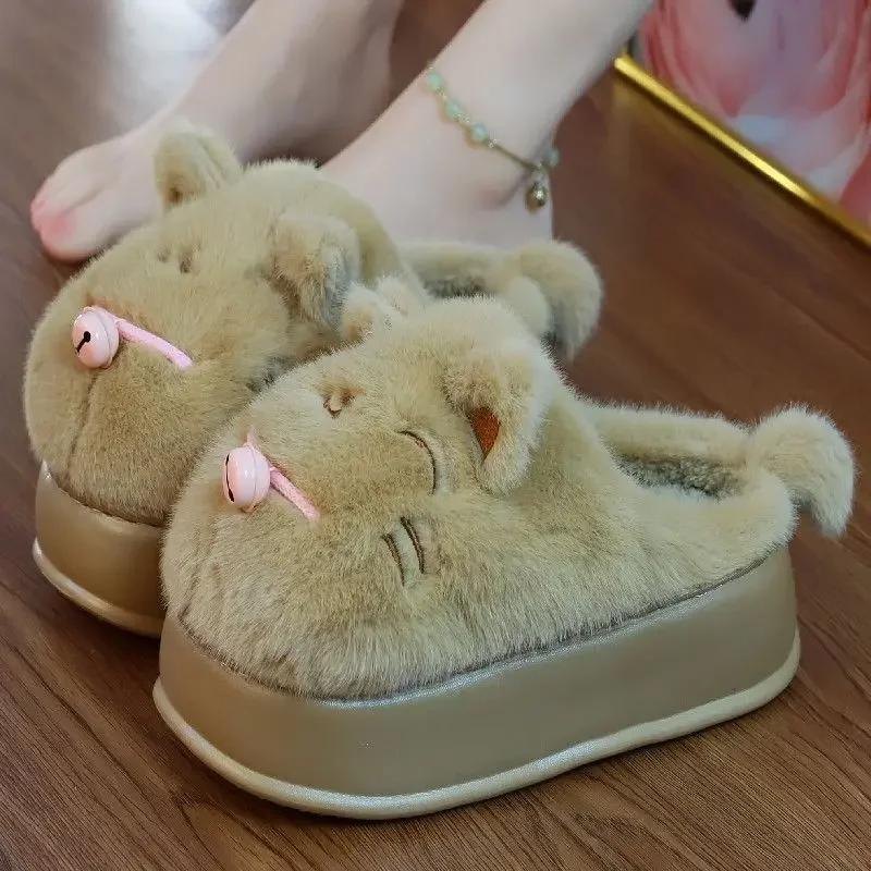 Fashion girl lovely white cat cotton slippers new 2024 winter women fur slides slippers warm comfort indoor home platform fluffy slipper