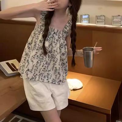 French Retro Floral Small Suspender Vest Women's Summer Sweet Babes Wear Sleeveless Doll Shirt Chic Short Top