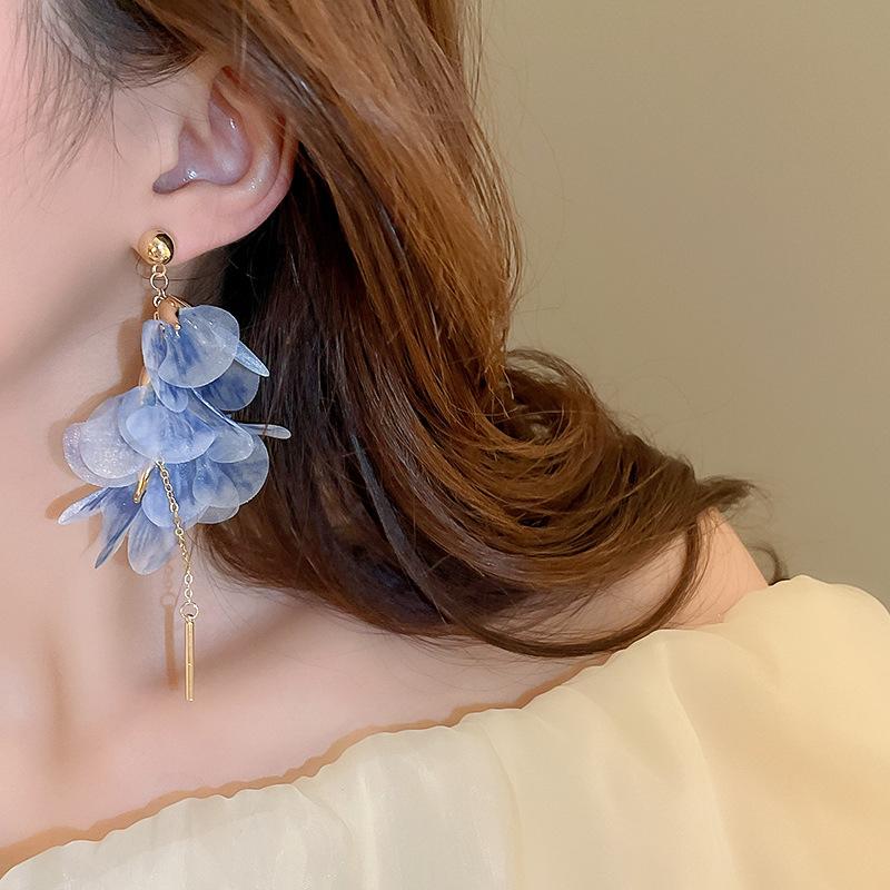 Sweet Pink Blue Flower Earrings for Women Yarn Mesh Long Tassel Earring Pendientes Mujer Fashion Y2K Jewelry Holiday Accessories