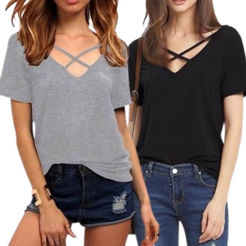 Stylowy Bawełniany T-shirt Damski Plus Size z Dekoltem V, Krótkim Rękawem, Luźnym Krój