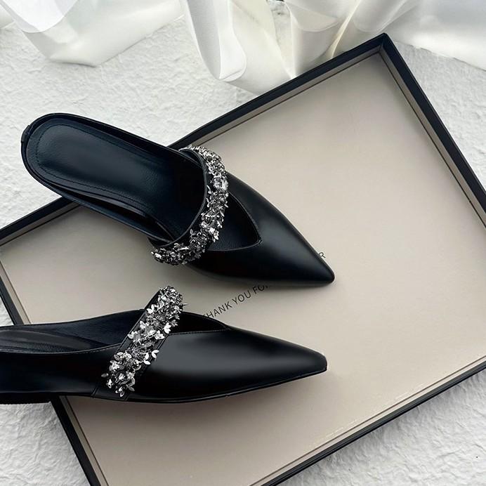 Sheepskin version~ Zhao Ruth's same one-word with rhinestone bag head slippers women's retro summer thick-bottomed pointed half slippers