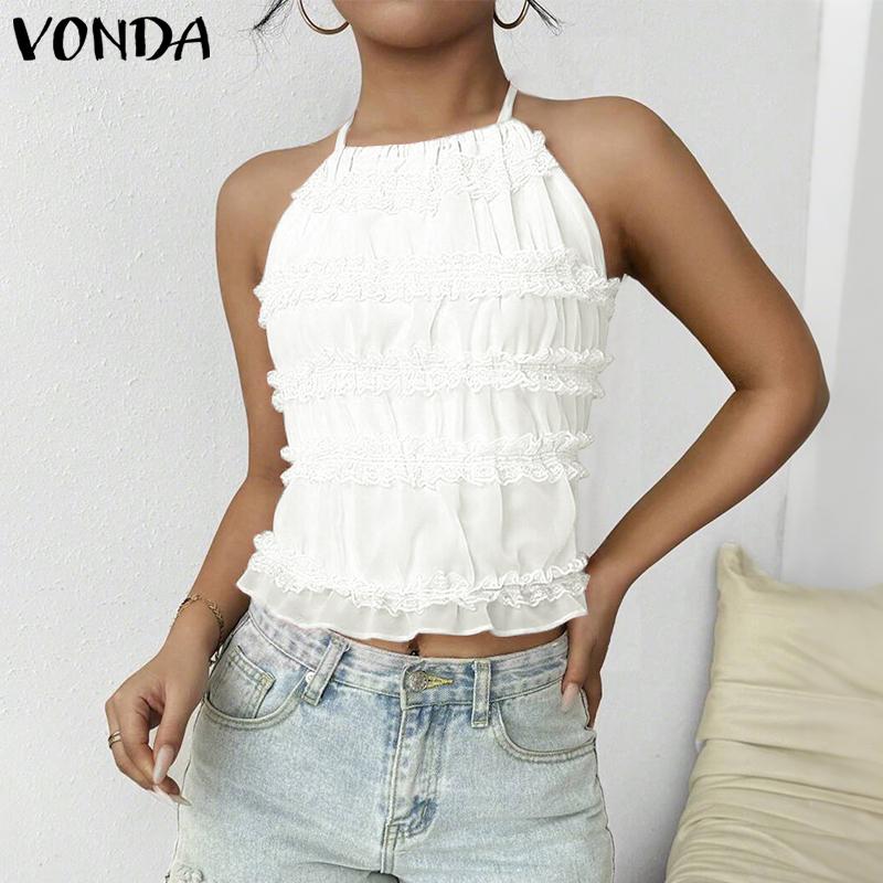 VONDA Damen Träger Neckholder Ärmellos Rüschen Rückenfrei Tanktops Camisole