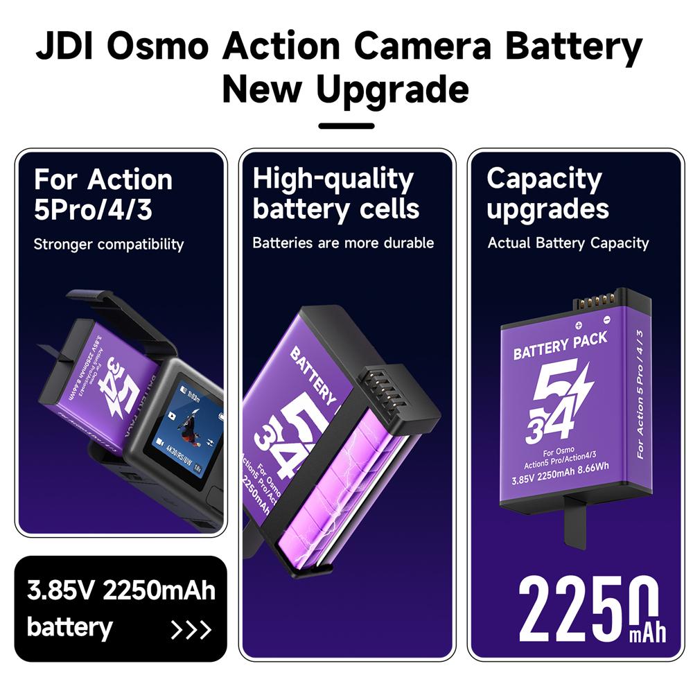 Akumulator do aparatu cyfrowego DJI Osmo Action 5 Pro Action 4/3 Akumulator 2250mAh Akumulatory z wyświetlaczem LCD Szybka ładowarka USB typu C