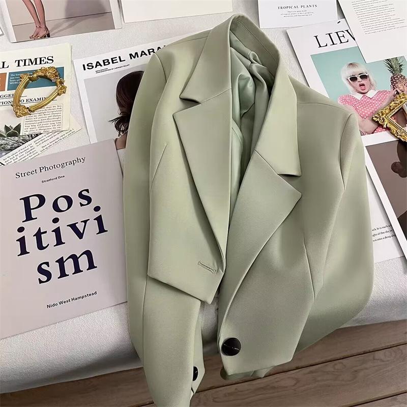 Women's One Button Short Blazer, Polyester Long Sleeve Notched Lapel Regular Fit Elegant Commuter Suit Jacket