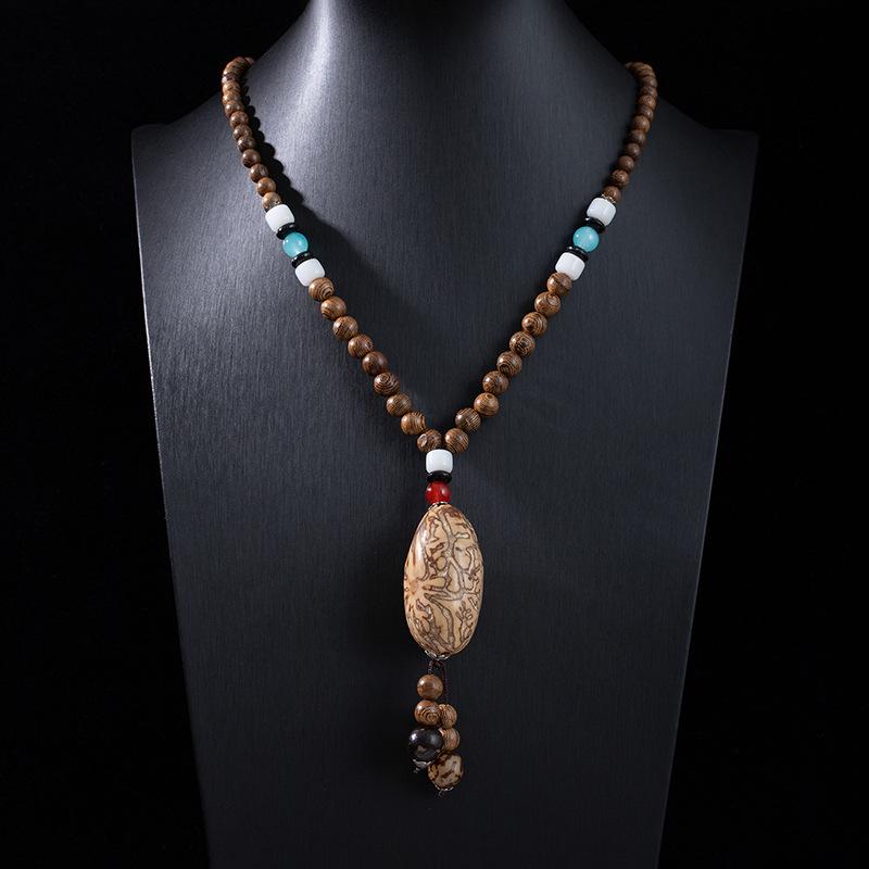 Stile Etnico Retrò Catena Lunga per Maglione Ciondolo in Pietra Bodhi con Diamante Collana con Perline di Legno Ciondolo in Cotone e Lino Tibetano Collana con Perline di Buddha