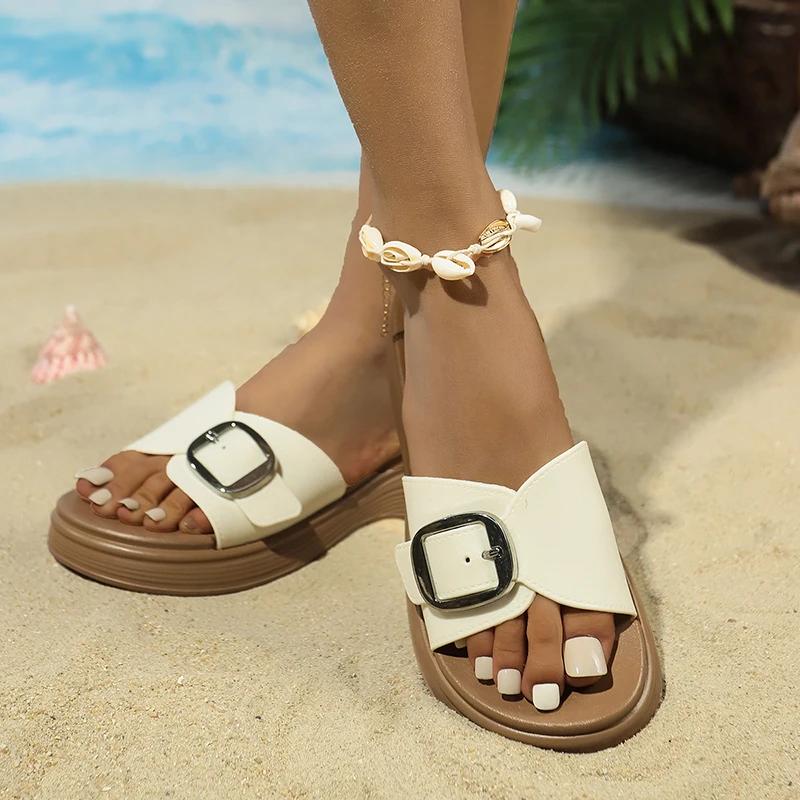 Fashion Buckle Design Chic Platform Slippers Women Summer New Patchwork Med Heel Slides Female Stylish Soft Sole Anti-Slip Slides Mujer