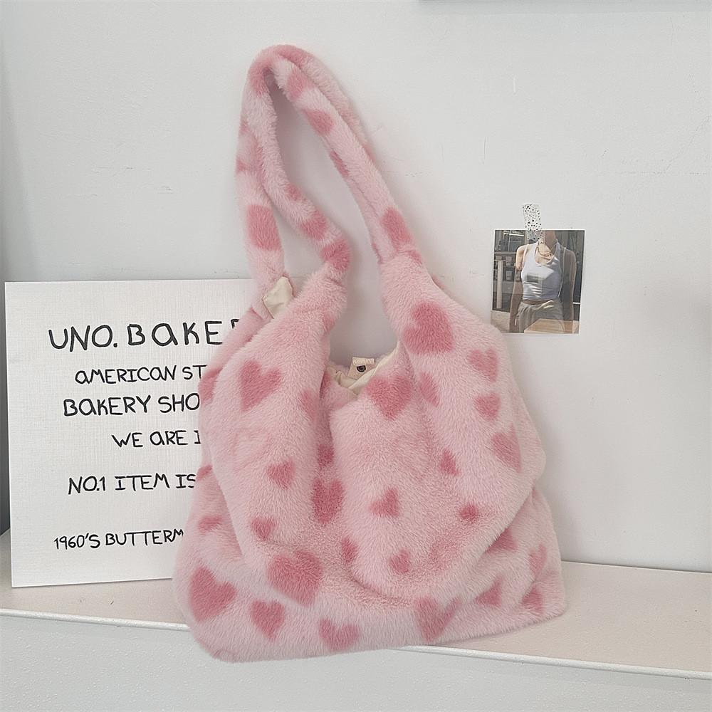

Soft And Fashionable Heart Shaped Plush Tote Bag Chic Crossbody Handbag For Women Light Pink Tote