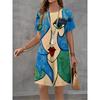 Damen Mode Handgezeichnetes Muster Druckkleid Sommer Neues Temperament Elegant Lässig Damen A-Linien-Kleid Kurzarm Minikleid