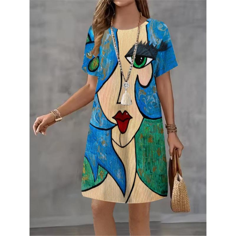 Damen Mode Handgezeichnetes Muster Druckkleid Sommer Neues Temperament Elegant Lässig Damen A-Linien-Kleid Kurzarm Minikleid