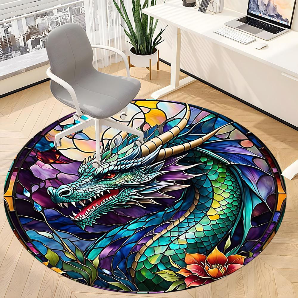 1pc Dragon StainedGlass Office Round Area Rug, Under Office Chairs Bedroom Living Room Home Decor, Room Deco