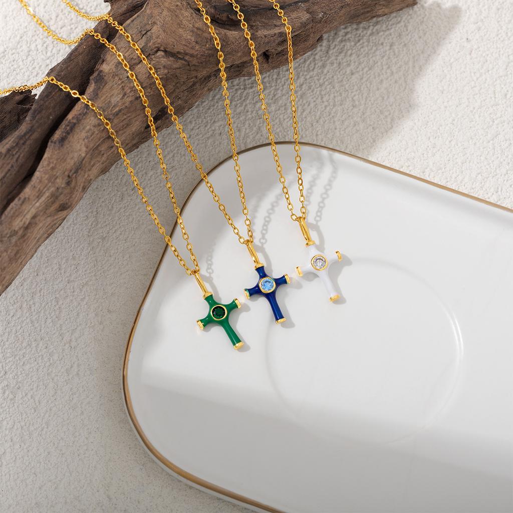 Color Oil Dripping Cross Necklace Stainless Steel Necklace Light Luxury Inlaid Zircon Niche Personalized Jewelry