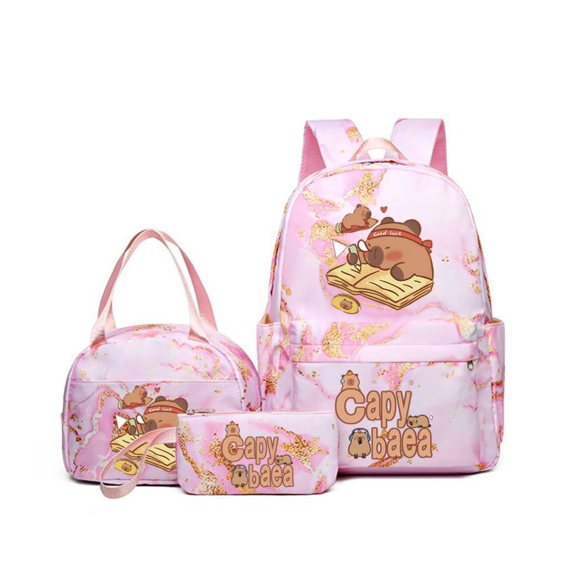 Capybara Cartoon Kids School Backpack Set With Pencil Case Lunch Bag - Large Capacity Breathable Waterproof Oxford Fabric