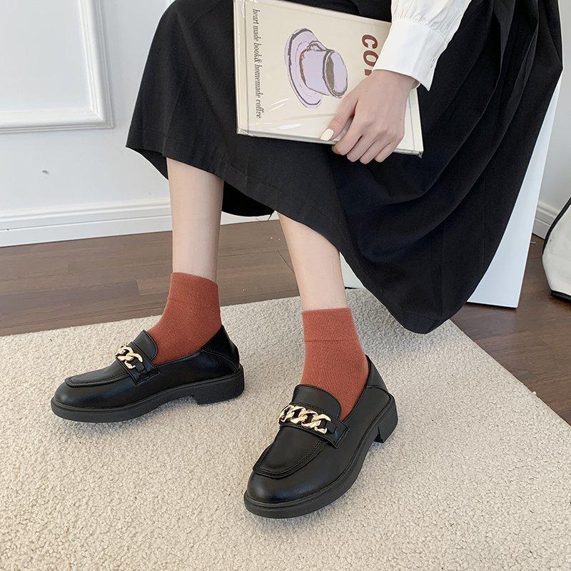 Shoes For Women Metal Chain Oxford Woman New Slip On Square Heel Platform Shoe Round Toe Solid Leather Casual Loafers