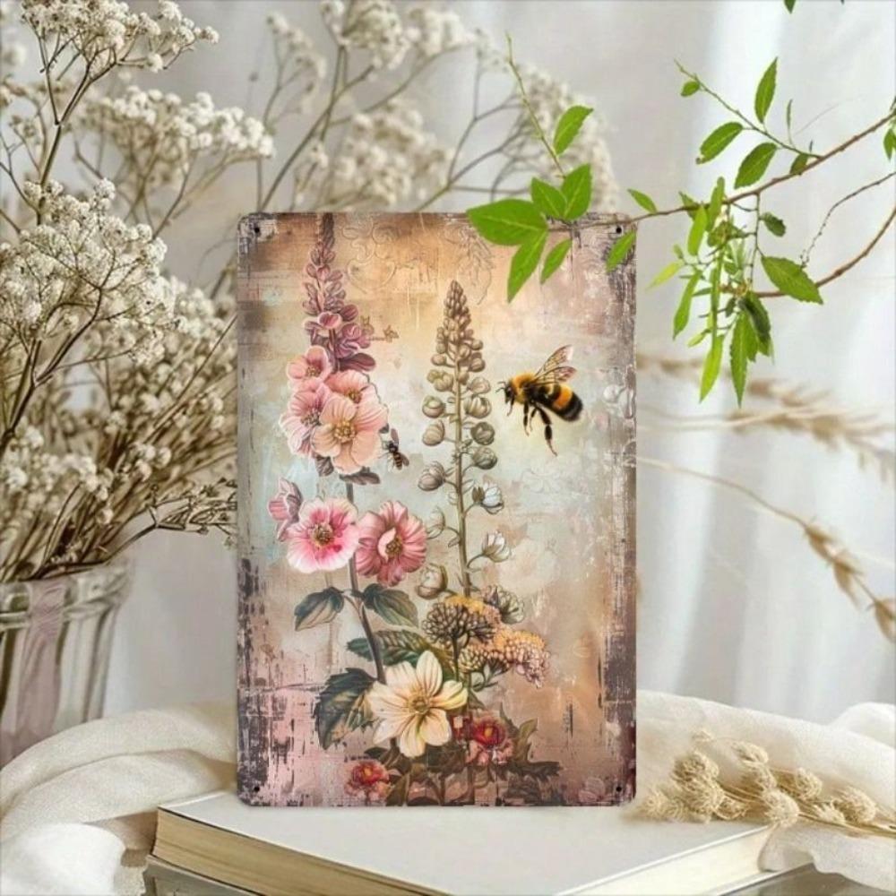 Vintage Metal Poster Bee Flowers, Wall Tin Sign for Kitchen Bar Decor 8x12 Inch