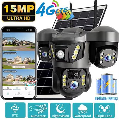 LS VISION V380 Pro 15MP Solar Camera Three Lens Two-Way Audio Outdoor IP66 Waterproof Built-in Battery Security CCTV 6K HD 4G Network Camera