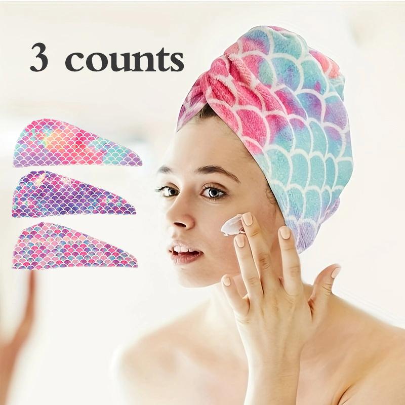 

3 шт. Полотенца для волос с принтом русалки - Мягкие, впитывающие и быстросохнущие шапочки-обертывания для волос, идеально подходящие для спа, плавания, фитнеса и использования в ванной комнате