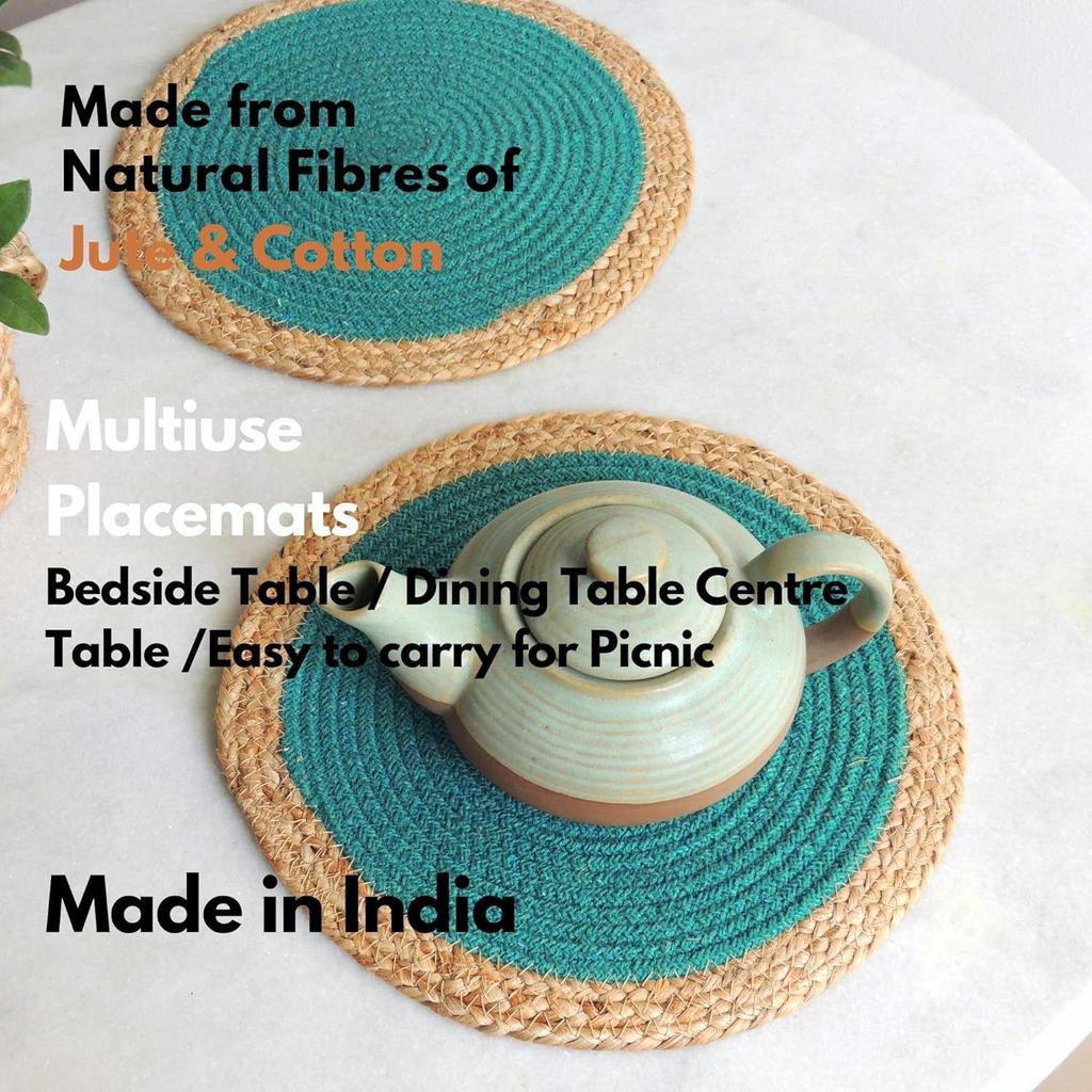 Jute Braided Placemats | Side Table Mats | Best for Bed-Side Table, Center Table, Dining Table, Shelves Farm Mats (Teal, 30 Cm Round)