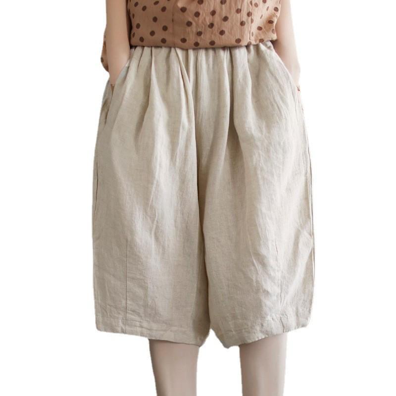 W magazynie: Damskie letnie spodnie retro z bawełny i lnu - Elastyczna talia, Design pięciopunktowy, Rozmiar plus, Styl casualowy