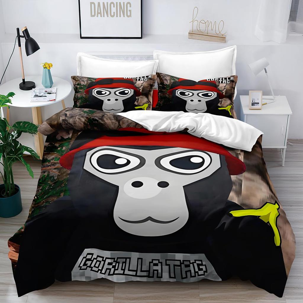 3D Gorilla Bettbezug Kopfhörer Gorilla Bettwäscheset Wildtiermuster Bettdeckenbezug Aquarell Blau Polyester Steppdeckenbezug