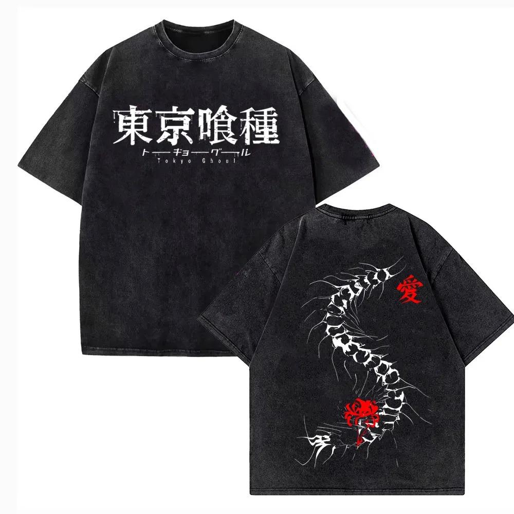 2026 Summer Harajuku Men Women T-shirt Anime Tokyo Ghoul Kaneki Ken Centipede Vintage Washed Cotton T Shirt Streetwear Men Tops Clothing