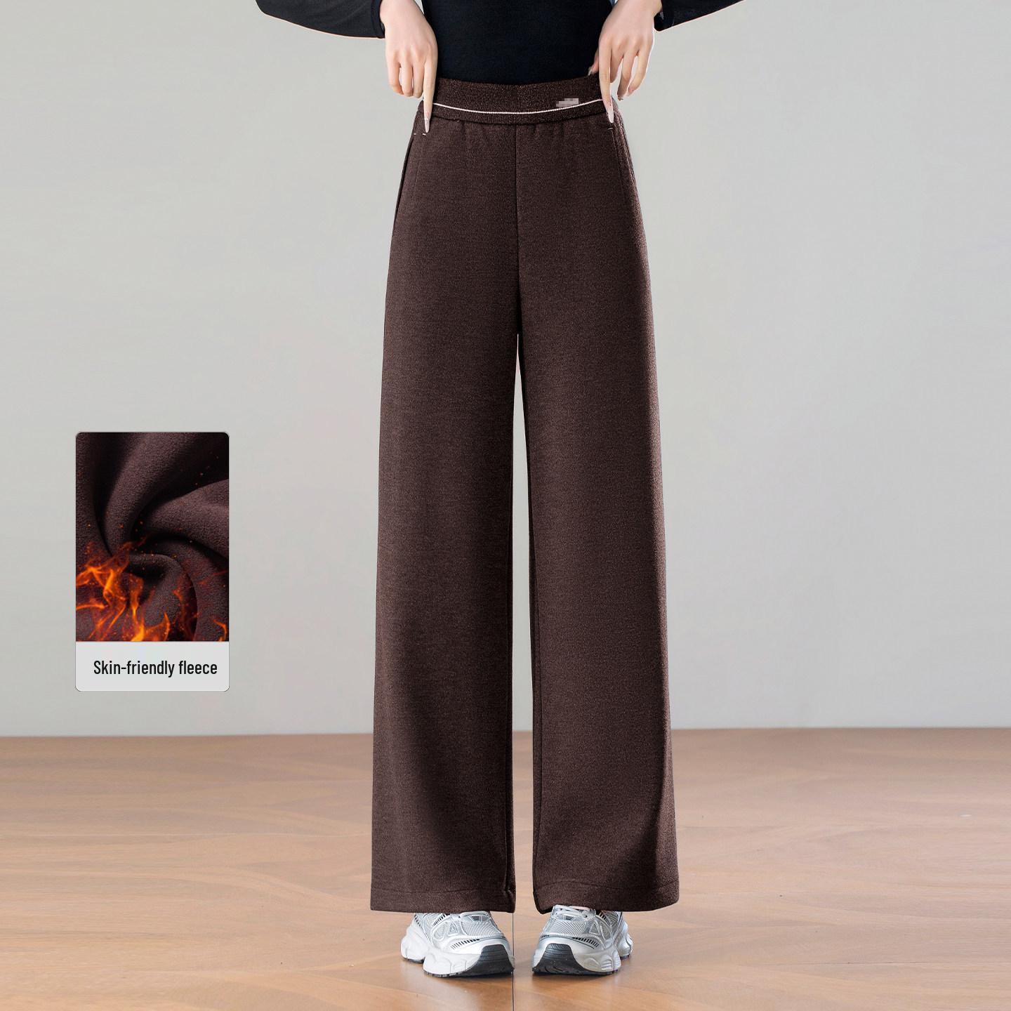 2025 Winter Women s High-Waisted Wool Blend Wide-Leg Pants, Off-White, Plus Velvet, Long Casual Fit 27
