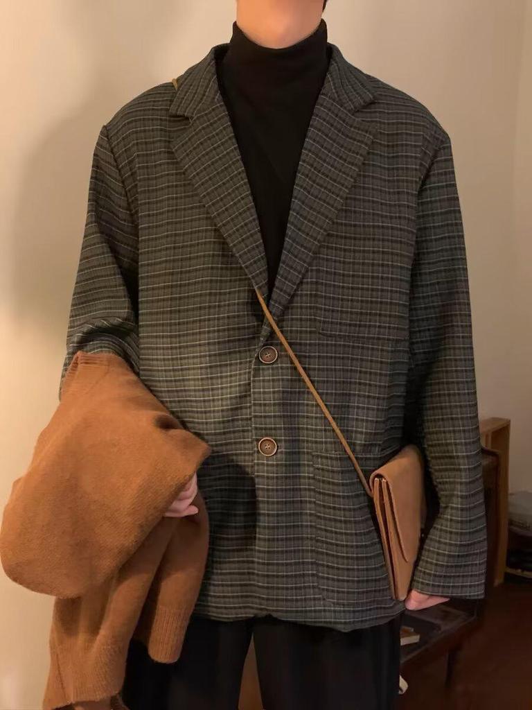 Unisex Japanese Retro Plaid Suit Jacket - Casual Spring/Autumn Vintage Style