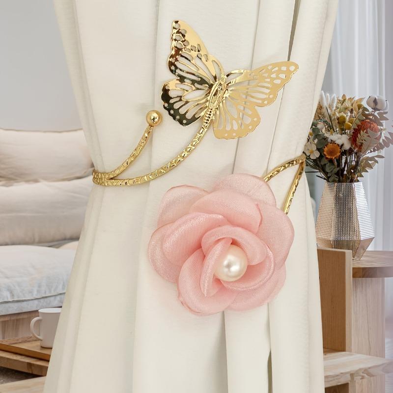 2pcs Three-dimensional Butterfly Flower Pearl Curtain Hooks Without Holes for Bedroom and Living Room Soft Decoration Curtain Ties