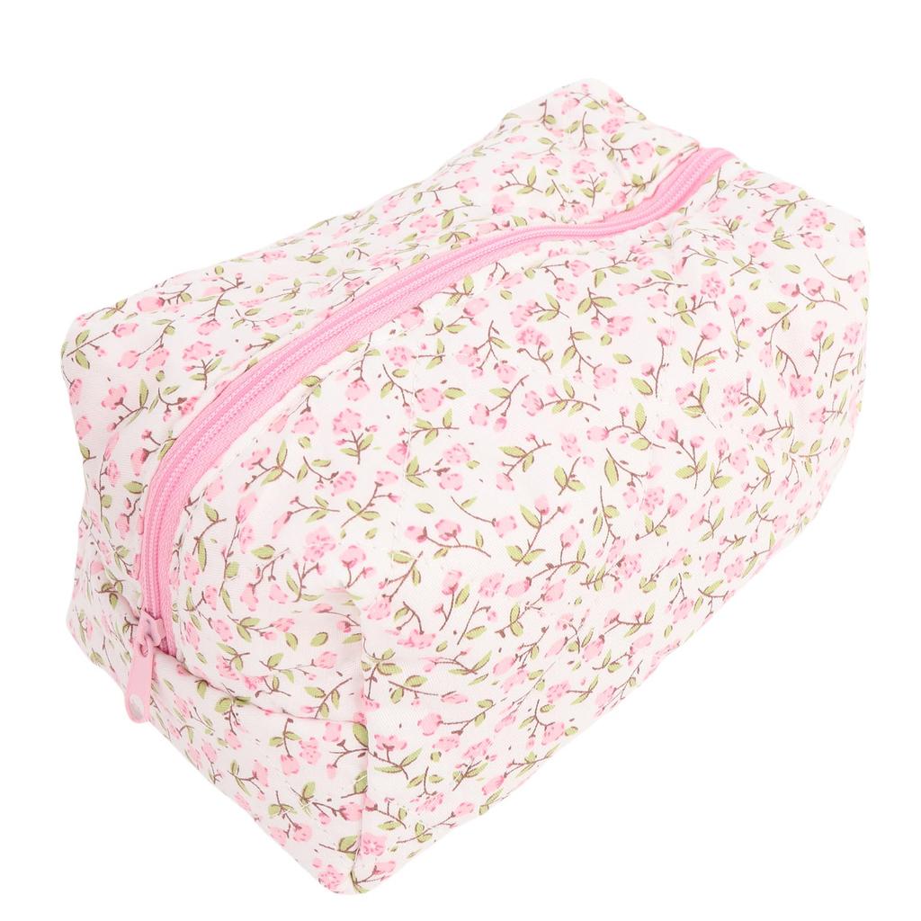 Quilted Makeup Bag Floral Cosmetic Pouch Travel Toiletry Organizer Makeup Brushes Storage for Women Pink