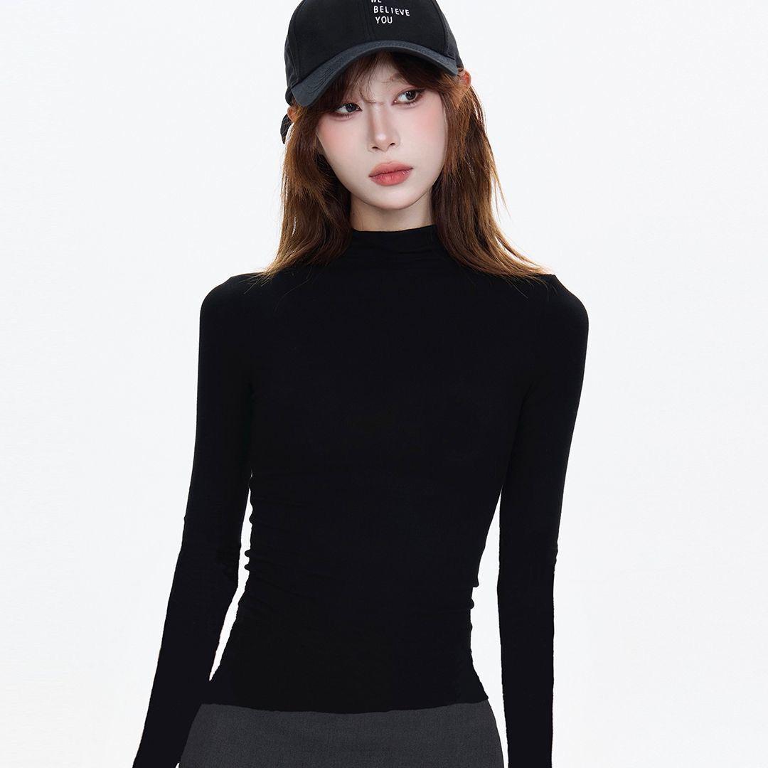 

2026 Spring Korean Style Slim Fit High Neck Long-Sleeved Women s T-Shirt M (recommended 45-52.5kg) чорний