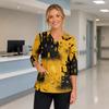 Womens Halloween Print V Neck Scrub Top Side Slit Three Quarter Sleeve Medical Uniform Shirt with Pocket