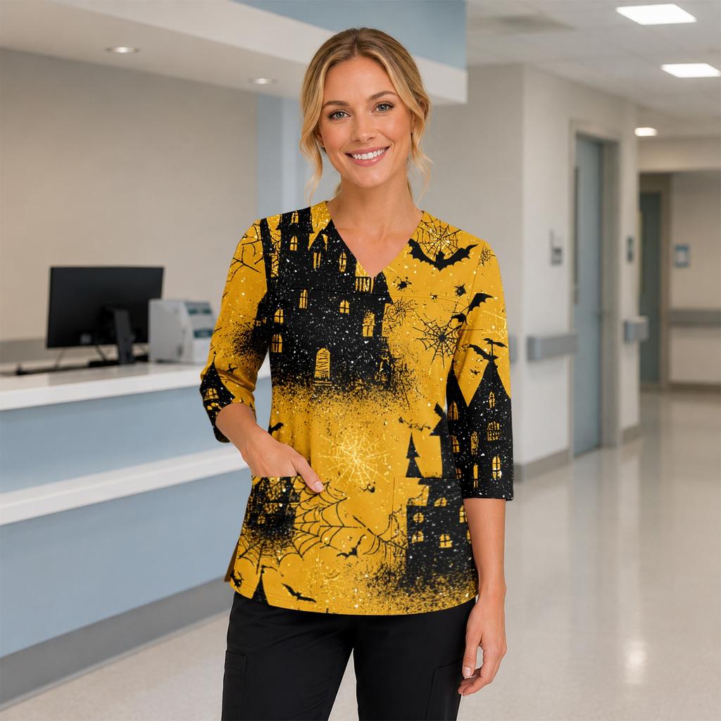 Womens Halloween Print V Neck Scrub Top Side Slit Three Quarter Sleeve Medical Uniform Shirt with Pocket