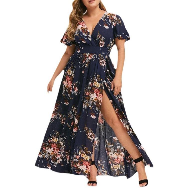 2024 Summer Women's Dress Large Size European American Printed Hem Split Fashion Trendy