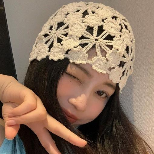 Headscarf Hollow Crochet Hat Knitted Spring and Summer Children's Flowers Breathable Baotou Hat Trendy Fashion Handwoven Thin Hat