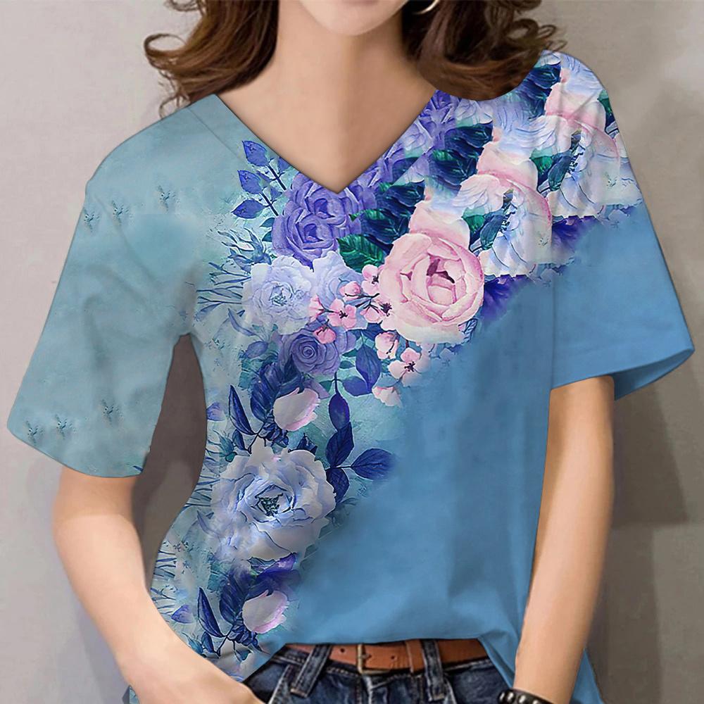 

Летние футболки с 3D-цветочным принтом, женские футболки с V-образным вырезом, уличные футболки больших размеров для женщин, одежда Harajuku, женские футболки 5XL