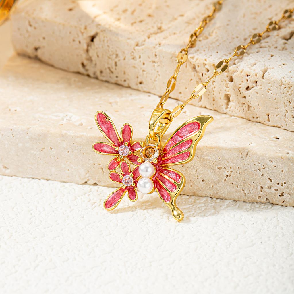 Sweet Enamel Butterfly Necklace Gold Color Pearl CZ Choker Necklaces for Women Fashion Jewelry