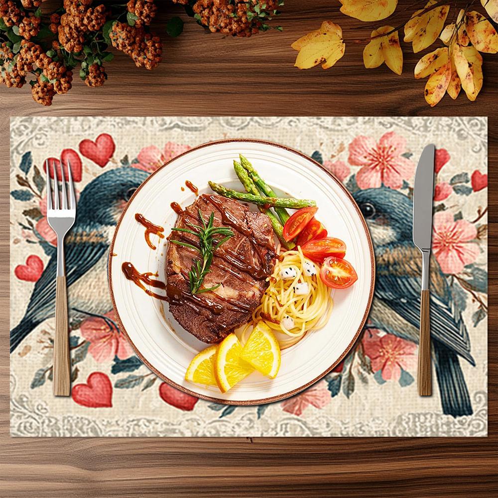 1pc/4pcs/6pcs Valentine's Day Heart Bird Placemats Suitable for Dining Table Decorations, Machine-Washable Rectangular