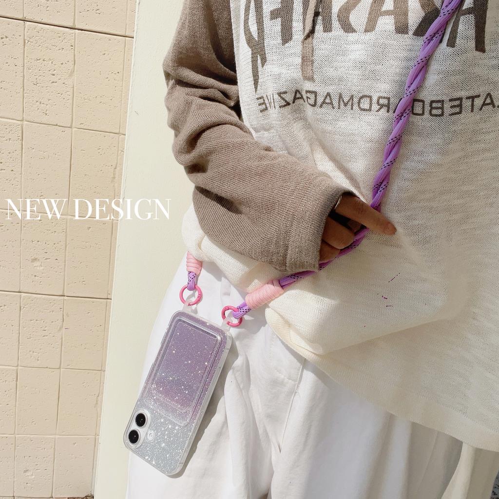 Crossbody Lanyard Strap Card Holder Glitter Gradient Case For iPhone 16 15 14 Pro Max Plus 12 13 Mini 11 7 8Plus XR XS Max Cover