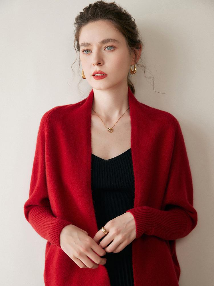 Women's Cashmere Batwing Sleeve Cardigan: Autumn/Winter Shawl Sweater with Silver Thread
