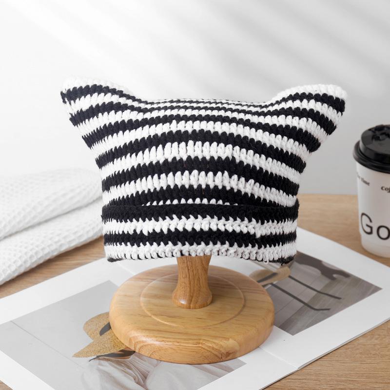 Hat Autumn and Winter Knitted Wool Hat Funny Cat Ear Hat Winter Warm Striped Devil Hat Tide
