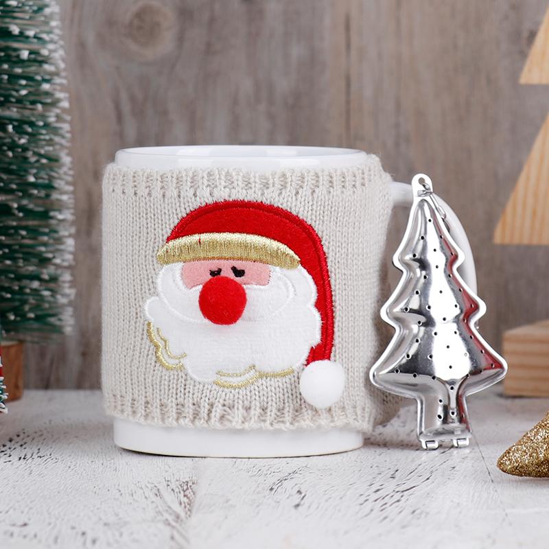 Christmas Ceramic Mug with Knitted Santa Sleeve & Tree Tea Infuser Festive Tea Cup Set Xmas Gift for Tea Lovers