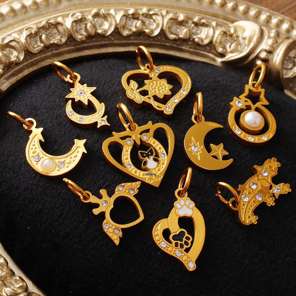 18K Gold-Plated Stainless Steel Moon Heart Diamond Pendant for DIY Jewelry