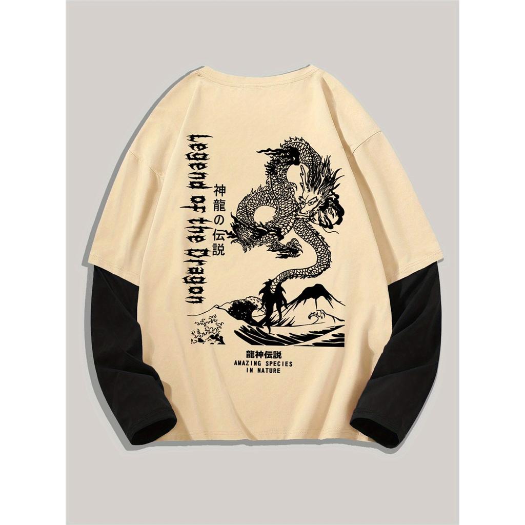 Men's Long Sleeve Crew Neck T-Shirt with Dragon Print, Casual Polyester Knit with Geometric Pattern